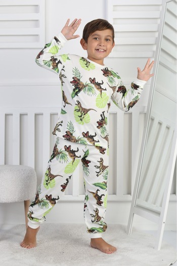 Yağmur Giyim Dinosaur Patterned 100% Cotton Boys' Pajama Set 8-13 Years Old 51509