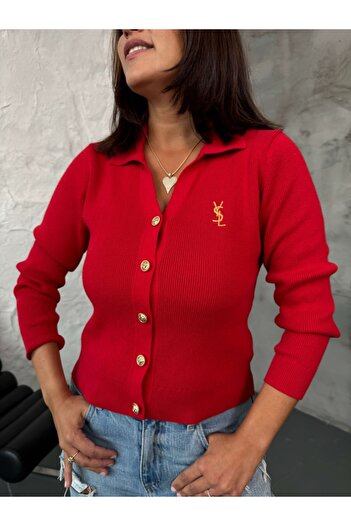 Elif Özbey Butik Red Gold Buttoned Polo Neck Cardigan