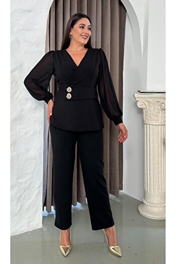 Butik Nilyam Women's Plus Size Double Breasted Collar Chiffon Sleeve Double Brooch Detail Stretchy Blouse Pants Set 25038