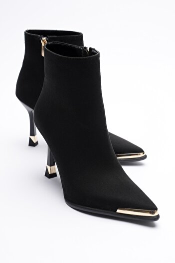 Mubiano Women's Suede Boots High Heeled Zippered Gold Detailed Black Selora