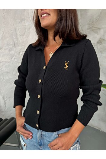 Elif Özbey Butik Black Gold Buttoned Polo Neck Cardigan