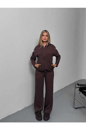 QİMYA BUTİK Şans Li̇fe Women's Hooded Elastic Waist Ribbed Detail on the Shoulders Two-Piece Pants Set