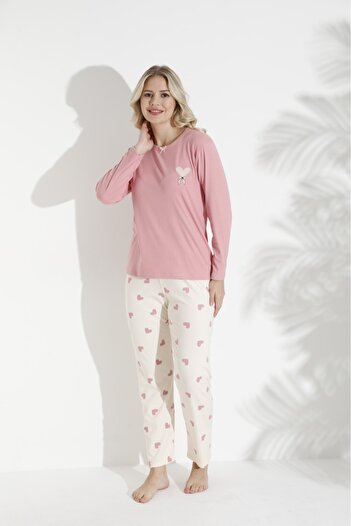 Temporium Women's Berlin Fabric Circular Neck Seasonal Long Sleeve Pajama Set