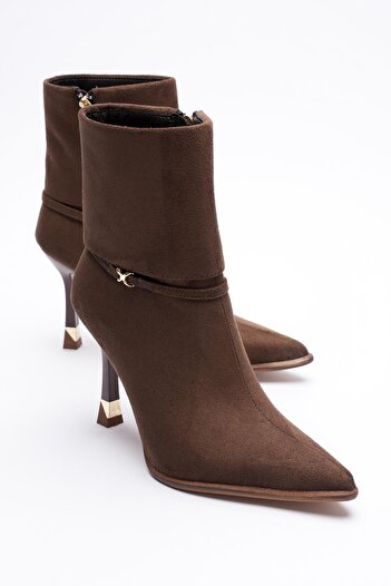 Mubiano Women's Suede Boots High Heels Zippered Gold Accessories Brown Nuvia