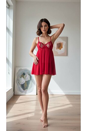 Feruzdesign Red Tulle Floral Underwire Babydoll