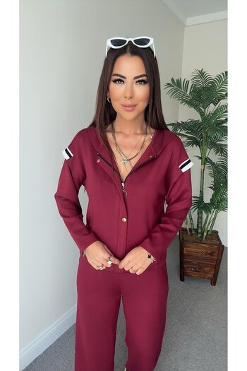 QİMYA BUTİK Şans Li̇fe Women's Hooded Elastic Waist Ribbed Detail on the Shoulders Two-Piece Pants Set