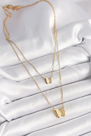 Bernami Special Steel Gold Color 2-Piece Glittery Butterfly Model Women's Necklace Offer!! !
