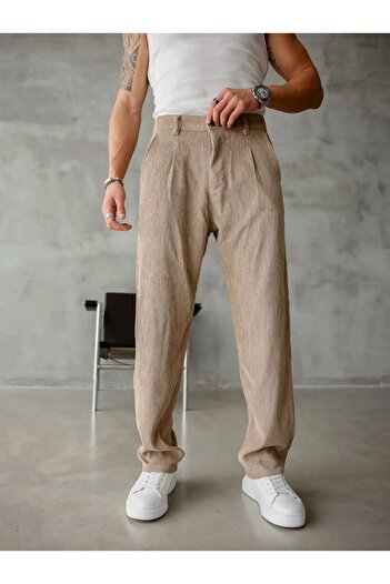 MENOFOURSWEAR Men's Pleated Baggy Fit Velvet Trousers Mink