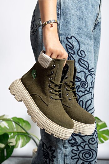 BOA Khaki Suede Lace-Up High Sole Women's Boots