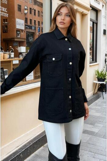 Pasaklı Giyim Women's Black Oversize Gabardine Denim Jacket Shirt – Wide Pockets, Button Detailing Kt00-100451