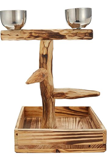 Fipka Natural Wood Tree Perch with 2 Stainless Steel Feeding Cups and Drop Tray Wood 11 inch Height