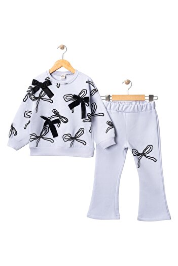 Wow colors Girl's Spanish Flared Leg Bow Printed Tracksuit Set |   3 Threaded Rasterized