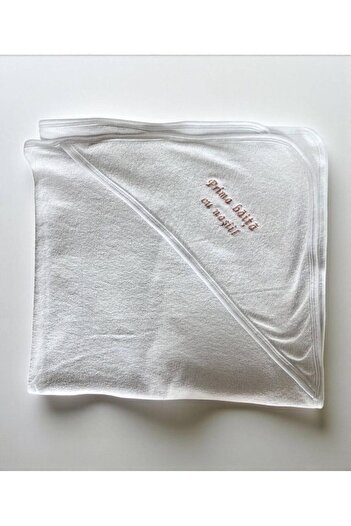 Botez White hooded towel – powder “First bath with the godparents”, 75×75 cm, PB0018