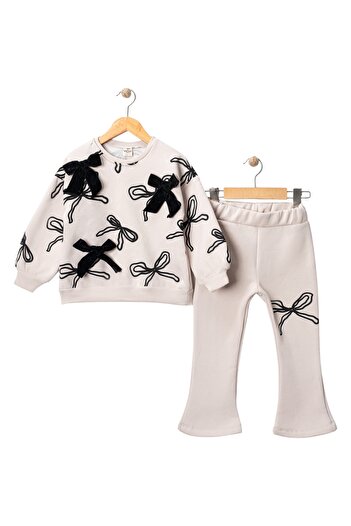 Wow colors Girl's Spanish Flared Leg Bow Printed Tracksuit Set |   3 Threaded Rasterized