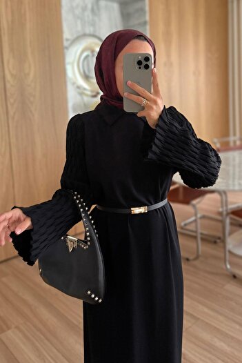 Ka Hijab Mercerized Dress with Sleeve Detail and Belt - Black