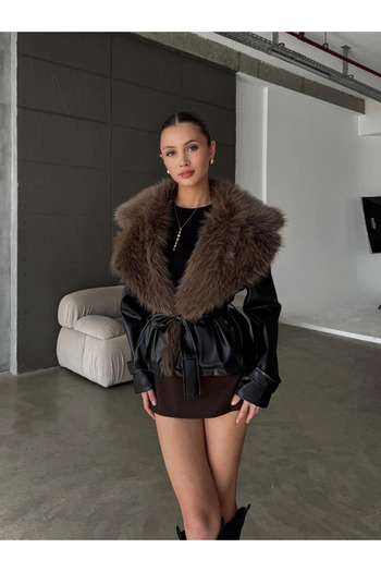 MEECY Premium Fur Collar Tied Leather Jacket Coat