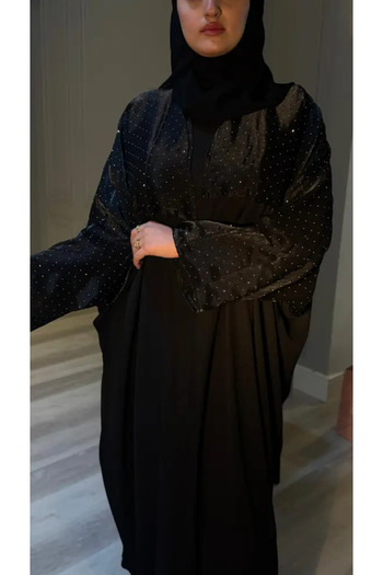 myshaden Black Half Bisht Abaya with Organza Insert