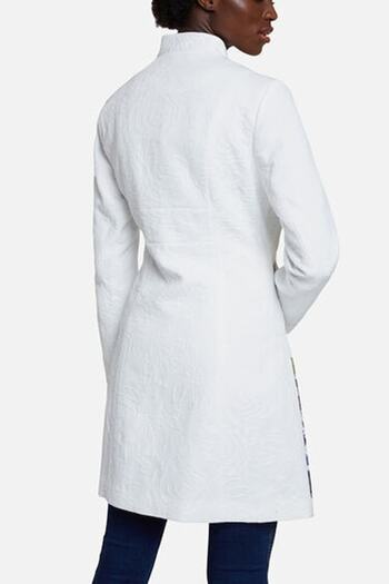 Desigual Dacia Coat, Slim Fit, Double-Breasted, Floral Print, White, Size 46
