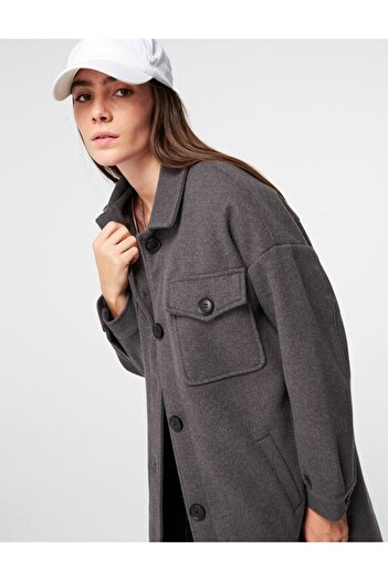Jennyfer - Medium Length Coat with Pockets, Anthracite Gray, Size S
