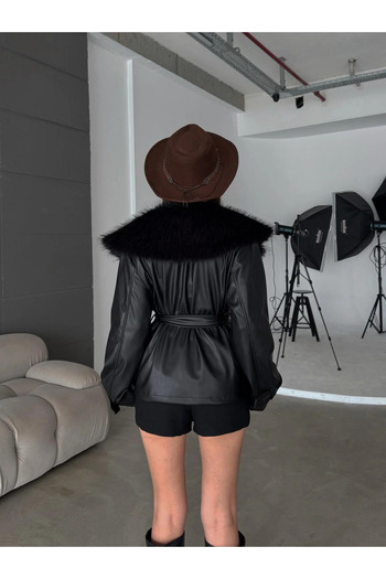 MEECY Premium Fur Collar Tied Leather Jacket Coat