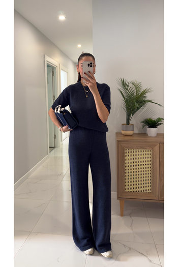 BİRCANÇİL Md Emily Navy Blue Short Sleeve Knitwear Trouser Set