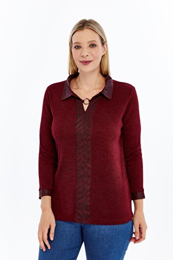Curvy Trend Plus Size Burgundy Leather Trim Polo Neck Ring Detail Blouse