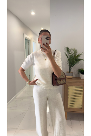 BİRCANÇİL Md Emily Ecru Short Sleeve Knitwear Trouser Set