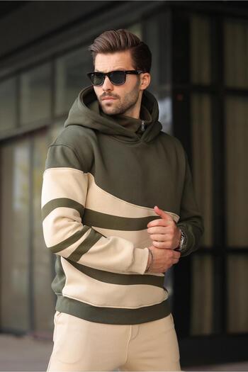 Madmext Khaki Hooded Zipper Collar Patterned Men's Sweatshirt E7162