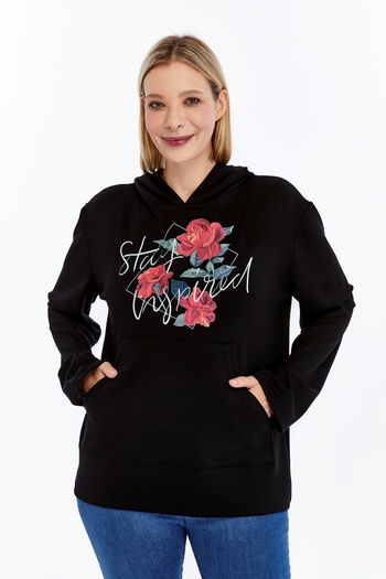 Curvy Trend Plus Size Stay Inspired Printed Hooded Sweatshirt with Pockets Soft Flowy Fabric
