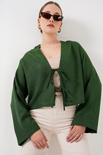 Bigdart Linen Kimono with Tie Front 960 - Emerald Green