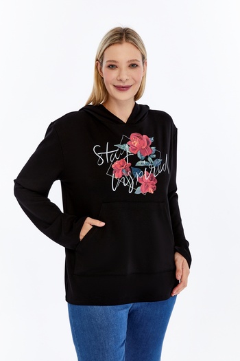 Curvy Trend Plus Size Stay Inspired Printed Hooded Sweatshirt with Pockets Soft Flowy Fabric