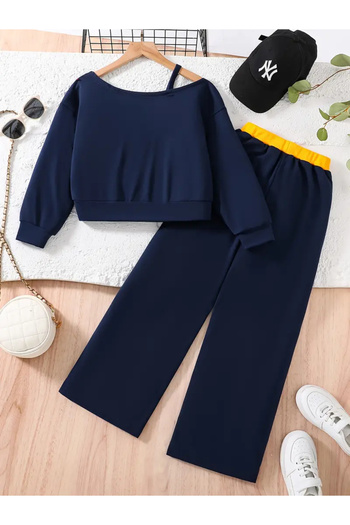 Machetta Girl's 91 Printed Navy Blue-Yellow Boat Neck Sweat Tracksuit Set