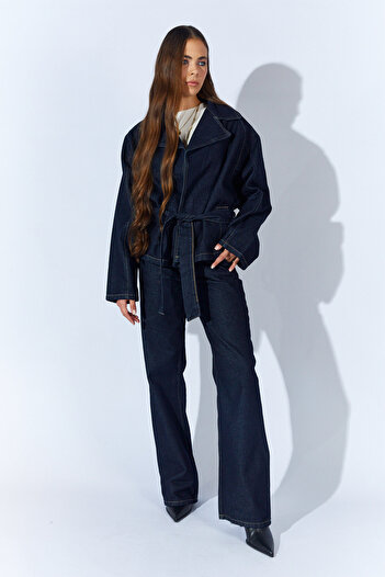 Manche Kuşaklı Cep Detaylı Denim Ceket - Pantolon Takım - Rins Yıkama Kahve | MKW185310-01