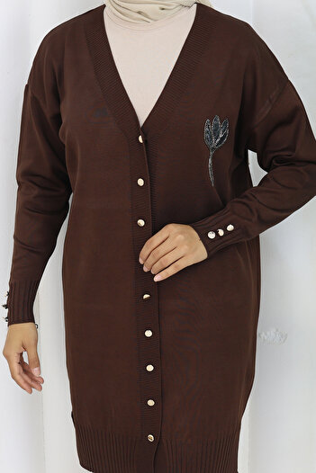 benguen Collar Detailed Long Mercerized Cardigan N3260 Brown