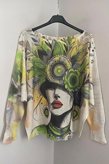 AYASOFYA OTANTIK Women's Italian Green Mandala Women's Patterned Foil Detailed Batwing Sleeve Mercerized Blouse Sweater