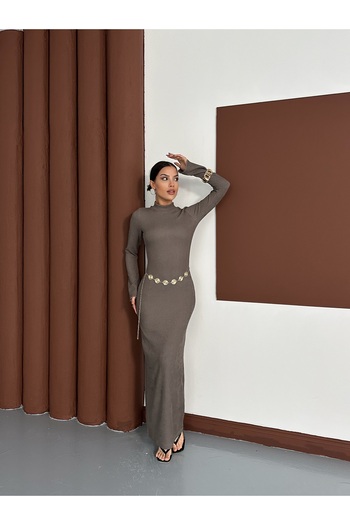 MODAMERSİ Women's Mink Belt Detailed Long Dress
