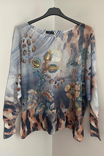 AYASOFYA OTANTIK Women's Italian Indigo Blue Batik Tulip Patterned Leaf Detailed Batwing Sleeve Mercerized Blouse Sweater