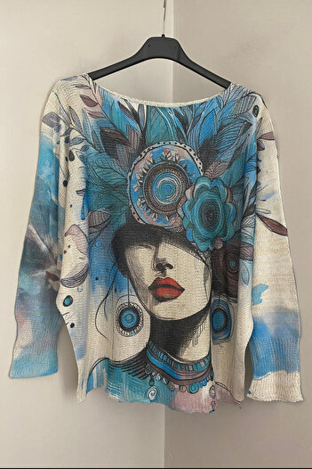 AYASOFYA OTANTIK Women's Italian Blue Mandala Patterned Leaf Detailed Batwing Sleeve Mercerized Blouse Sweater