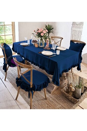 shules collection Dark Blue Color Handmade Washed Linen 4-Sided Ruffled Chair Cushion
