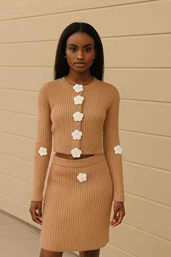Cemre Life Women's Floral Detailed Knitwear Set - Skirt and Sweater