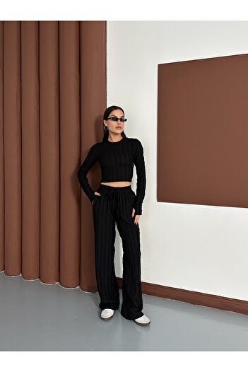 LE CARAMBOLE Women's Black Slip-On Ruffle Fabric Top and Bottom Set