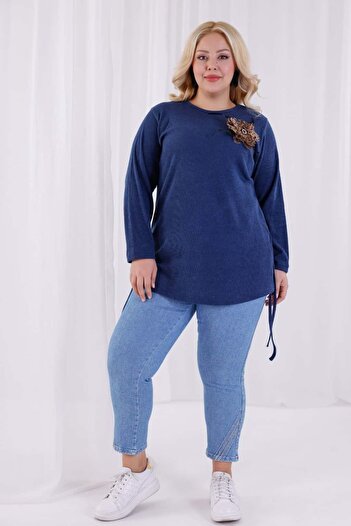 tarzımsüper Women's Plus Size Floral Detailed Gathered Side Soft Textured Knit Blouse