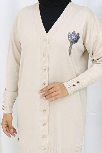 benguen Collar Detailed Long Mercerized Cardigan N3260 Stone Color