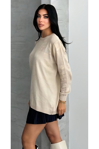 GALA WOMAN Long Sleeve Openwork Knit Sweater with Mesh Detail