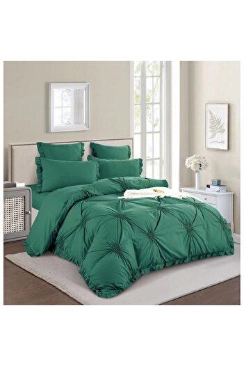 Lenjeria Pufoasa Double bed linen, Soft Cotton, 6 pieces, elastic, with frills and embroidered hearts, Emerald Green