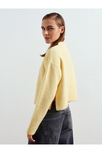 Dilvin 60280 Wool Blend Knit Cardigan with Side Slits - Light Yellow