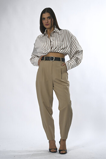 ABBRA Women's Slouchy Belted Fabric Pants