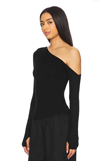 AFR CLOTHES Women's Double Layer Jersey Asymmetric Neckline Finger-Through Bluz