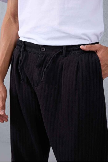 Valiberta Norman Relax Fit Self-Striped Gabardine Fabric Men's Trousers - Black