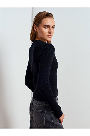Dilvin 10819 Buttoned Wool Blend Slim Knitwear-Black
